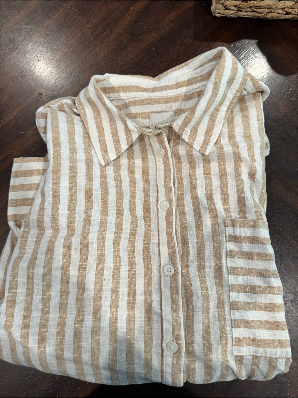 Maeve Cream and Tan Striped Linen Button-Down Shirt